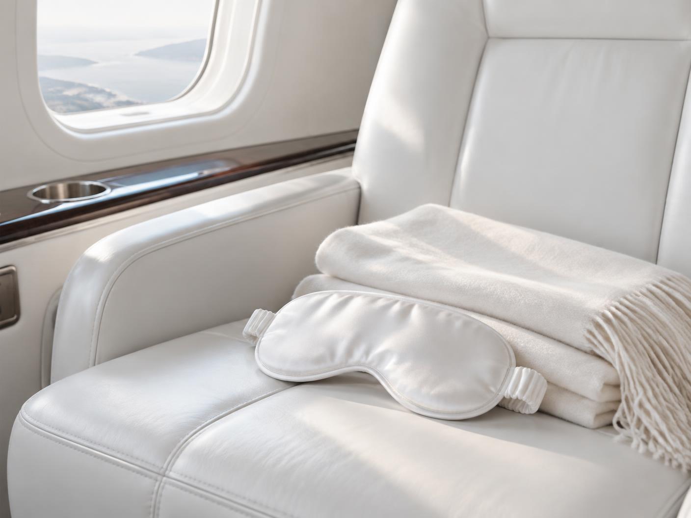 Masque de sommeil blanc posé sur un siège en cuir blanc dans une cabine d'avion privé
