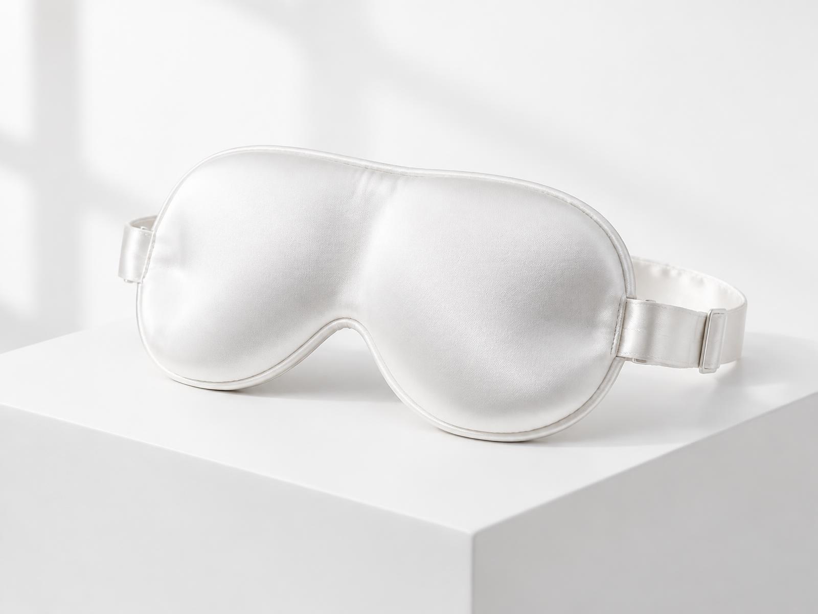 Masque de sommeil blanc satiné présenté sur un socle blanc